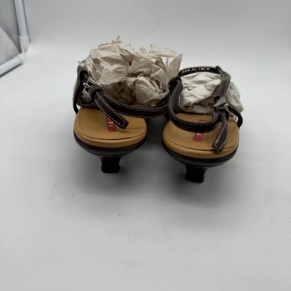 Prada Vintage Metal Triangle Logo Slingback Kitten Heel Sandals in Brown Leather